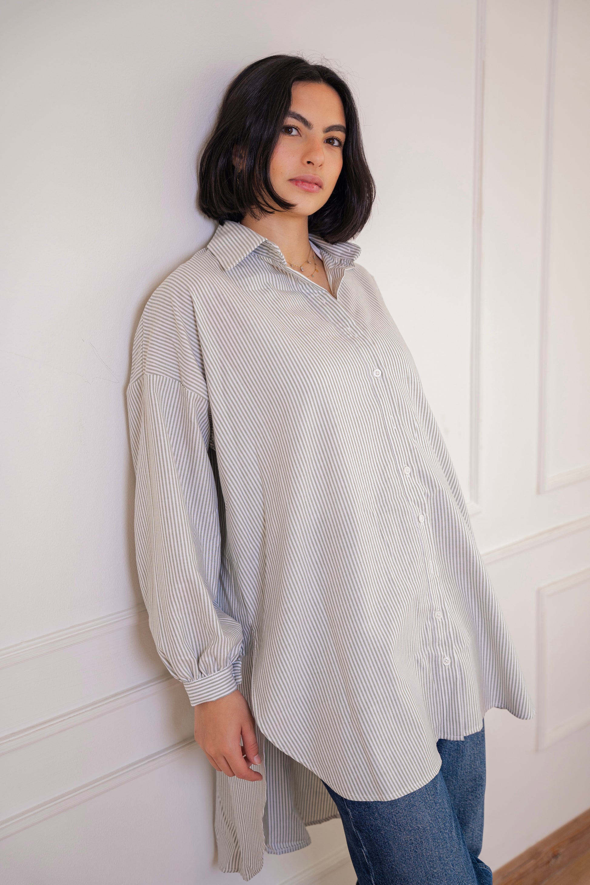 Puff high-low shirt striped Oxford in Olive