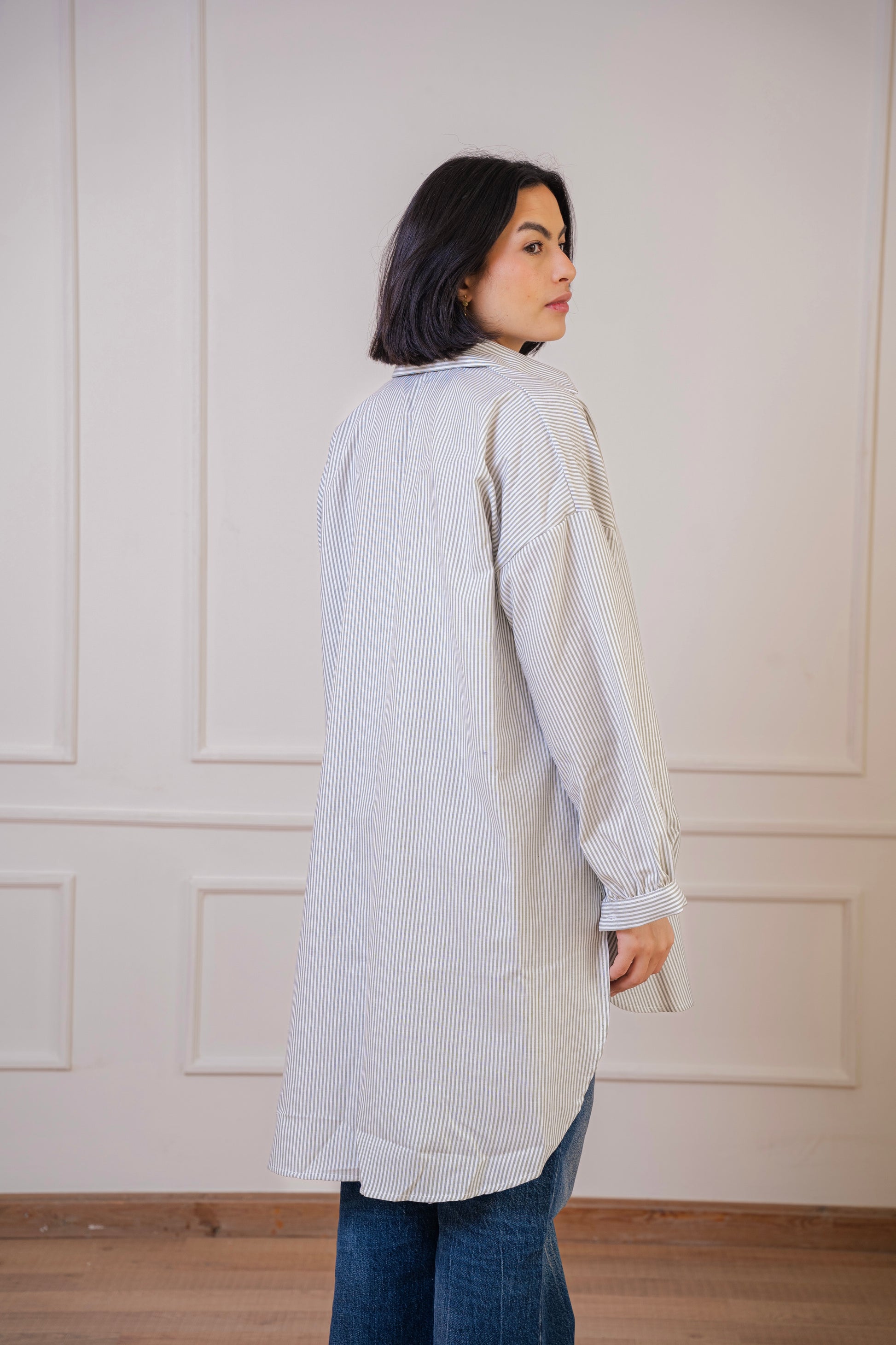 Puff high-low shirt striped Oxford in Olive