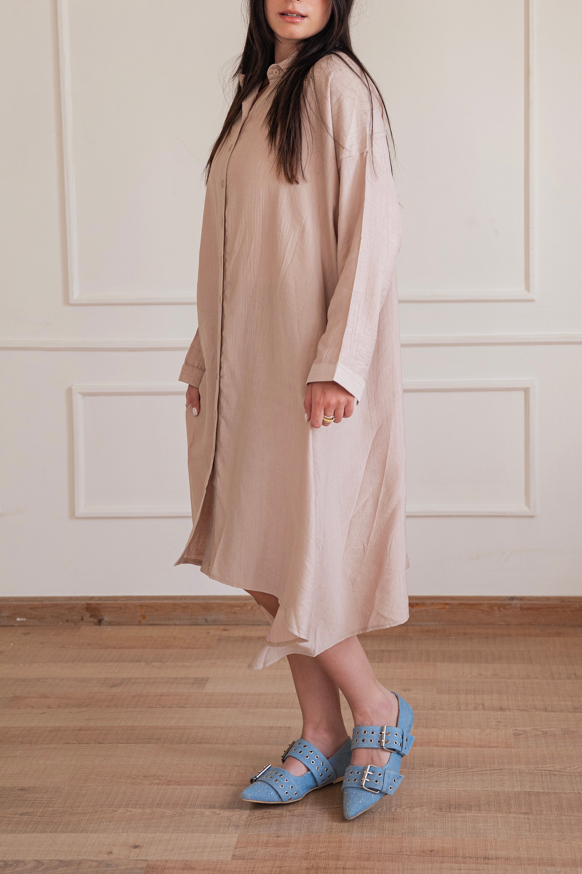 Crinkled - Long shirt in Beige