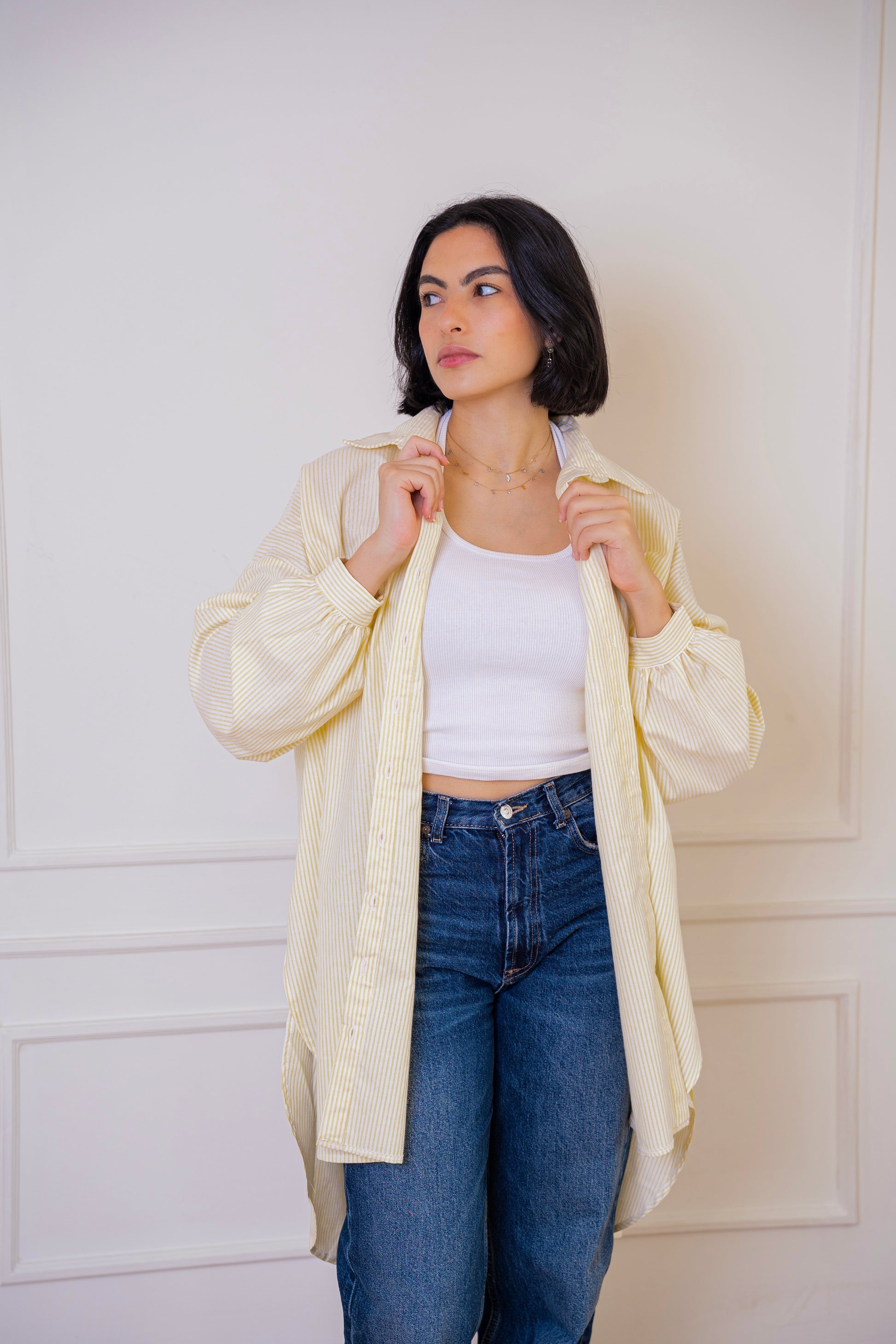 Puff high-low shirt striped Oxford in Yellow