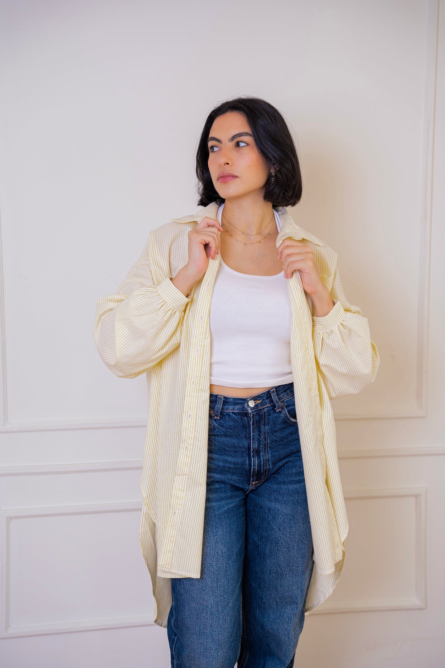 Puff high-low shirt striped Oxford in Yellow