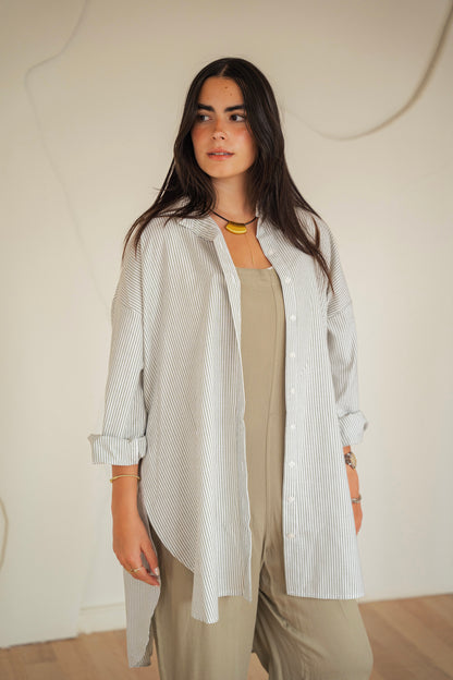 Puff high-low shirt striped Oxford in Olive