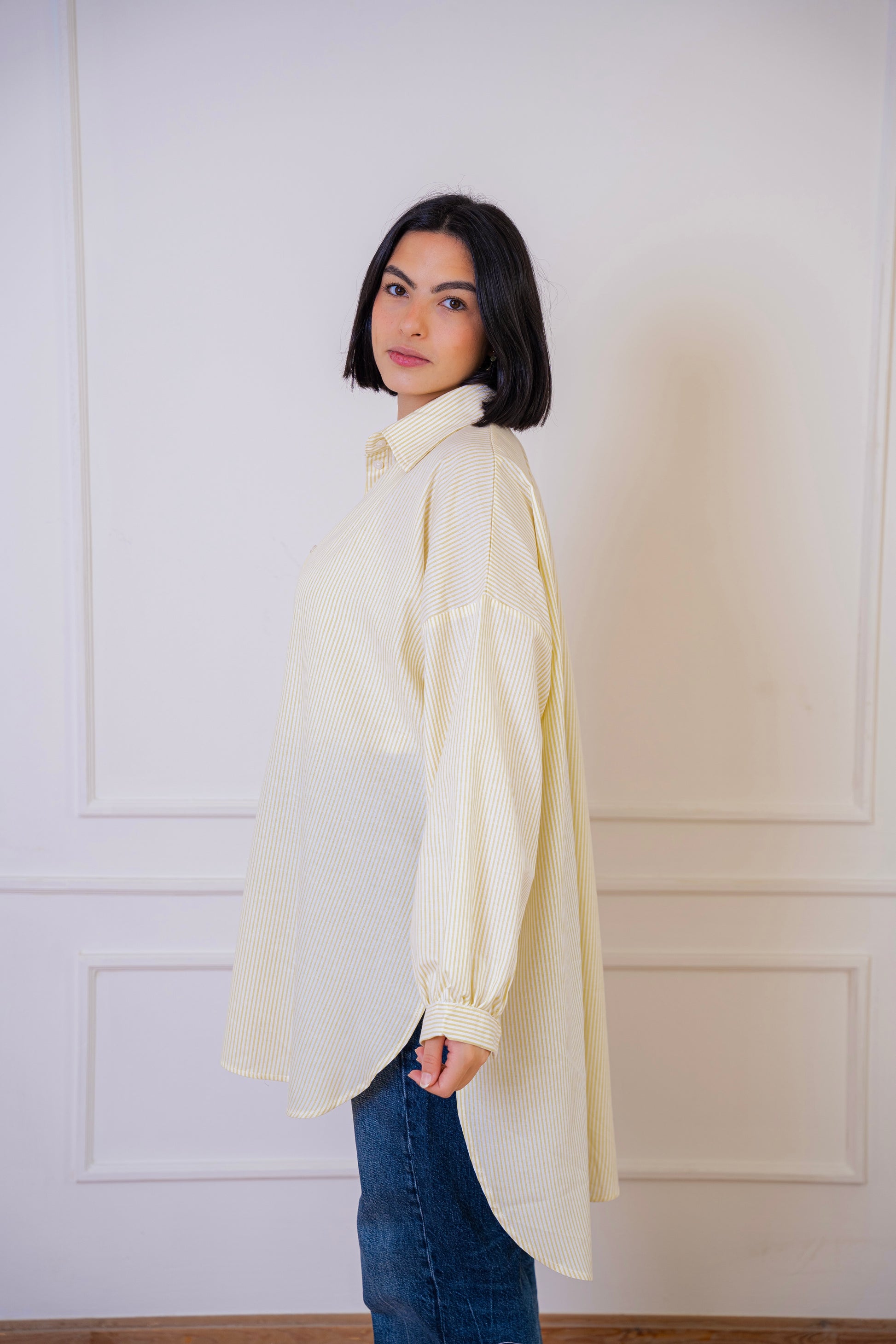 Puff high-low shirt striped Oxford in Yellow