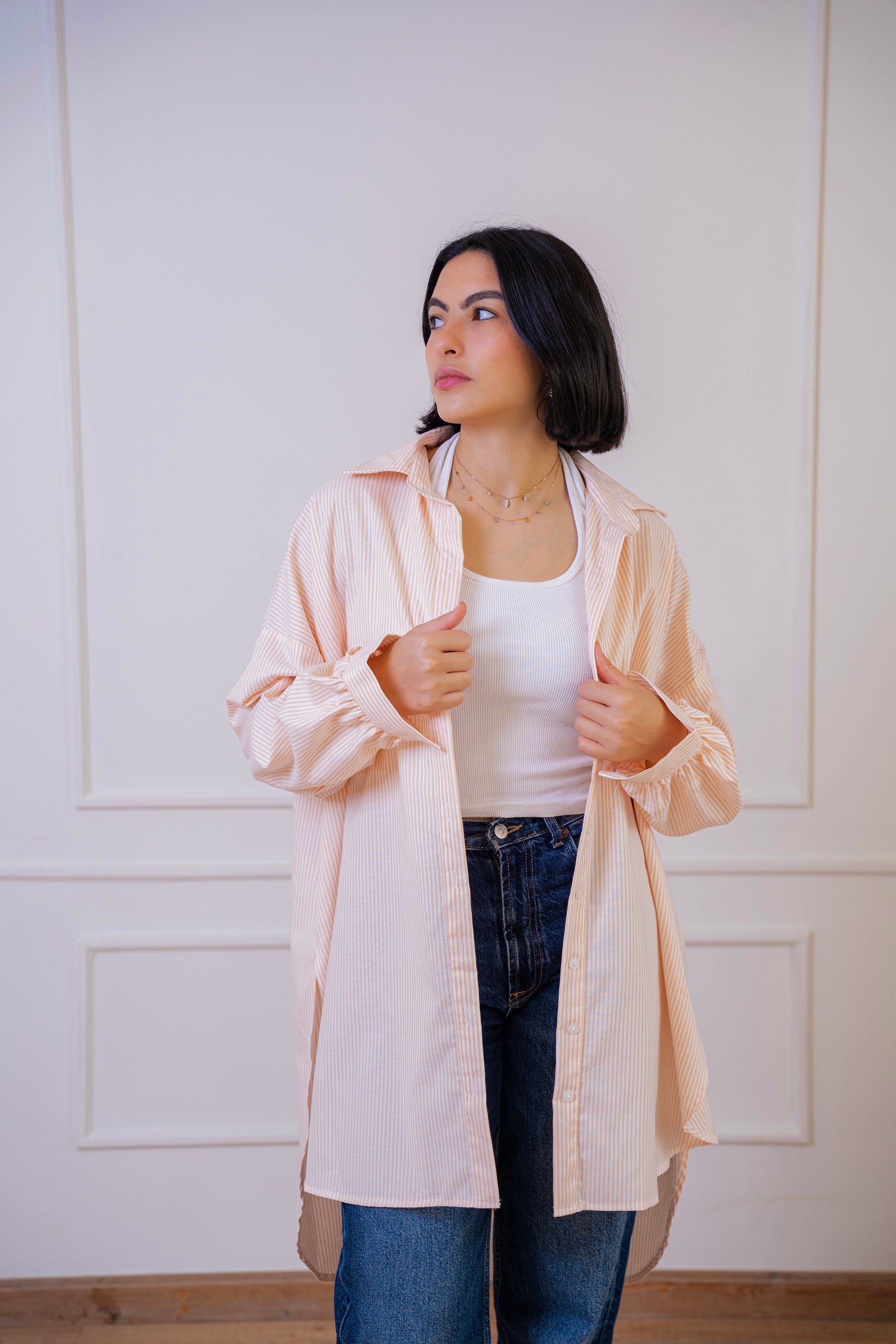 Puff high-low shirt striped Oxford in Orange