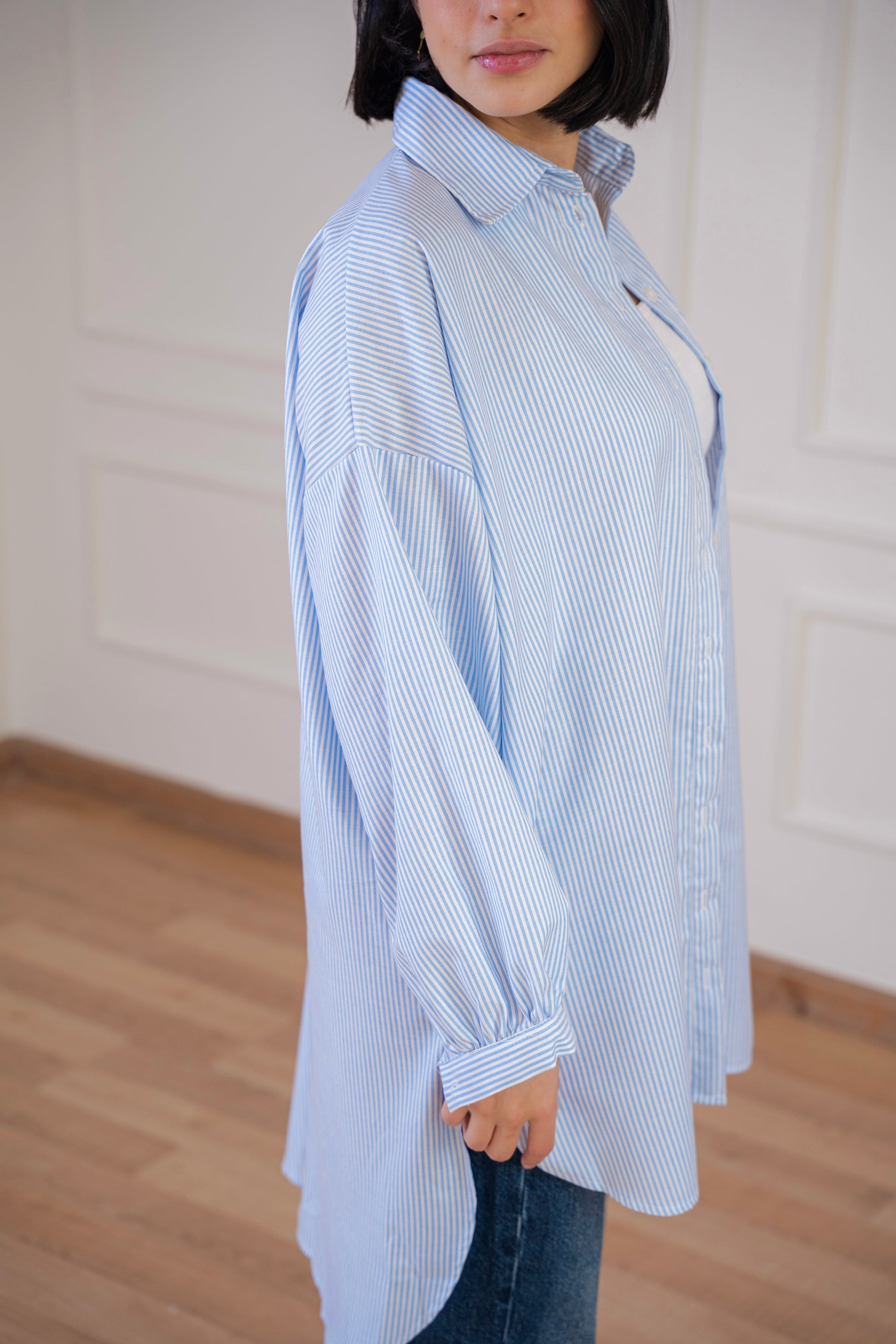 Puff high-low shirt striped Oxford in Blue