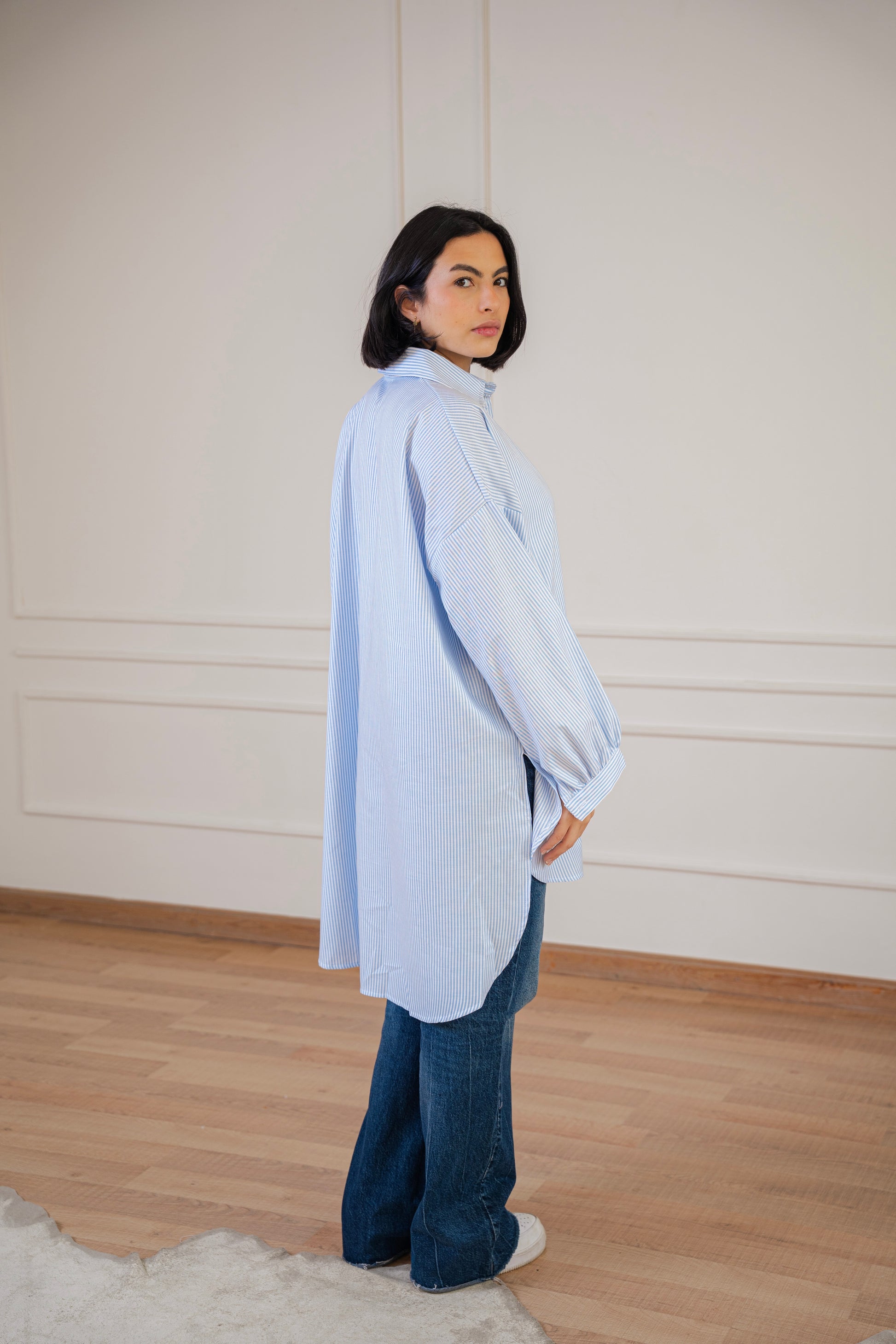 Puff high-low shirt striped Oxford in Blue