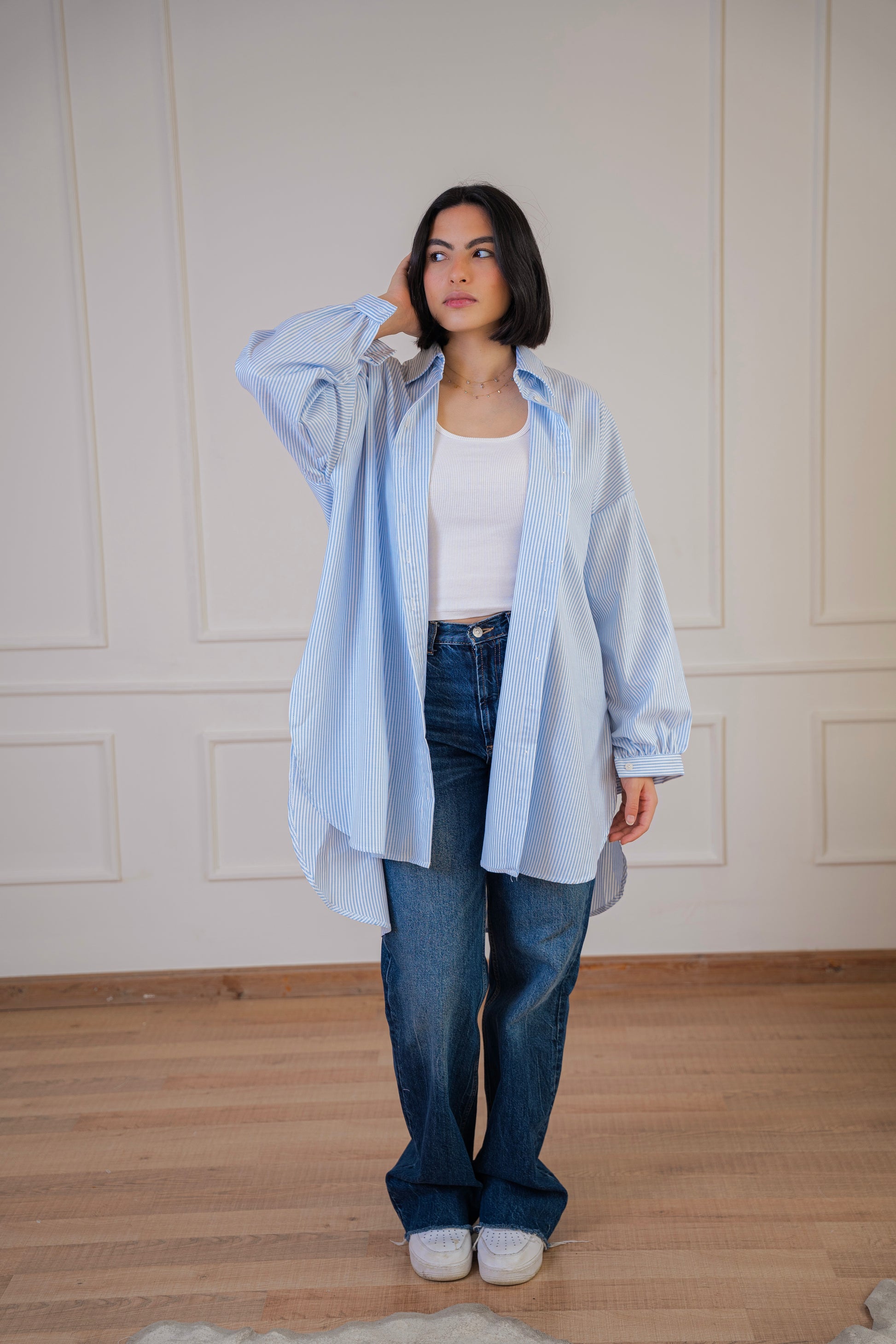 Puff high-low shirt striped Oxford in Blue