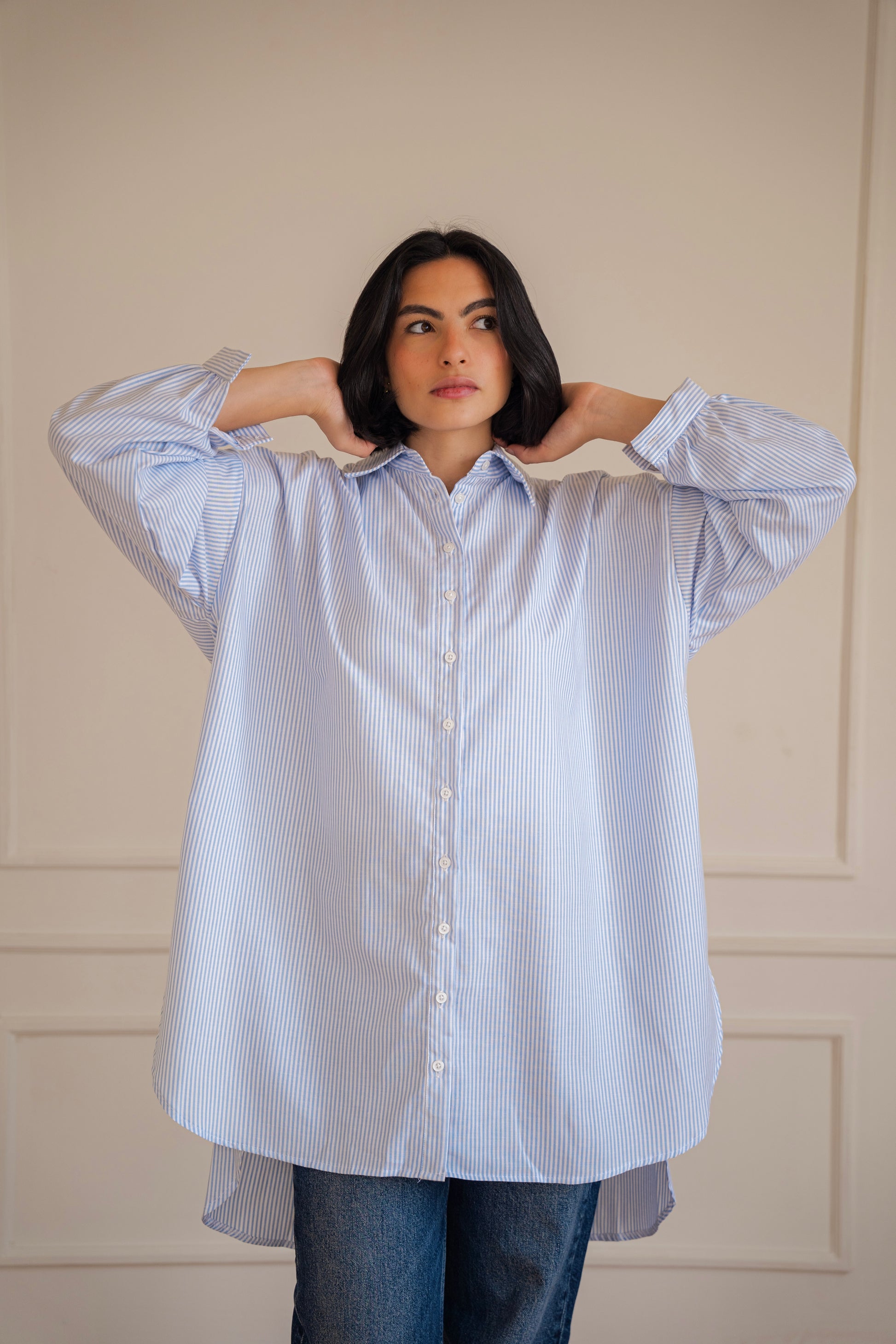 Puff high-low shirt striped Oxford in Blue