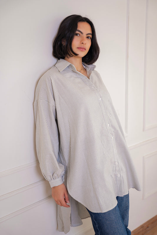 Puff high-low shirt striped Oxford in Olive