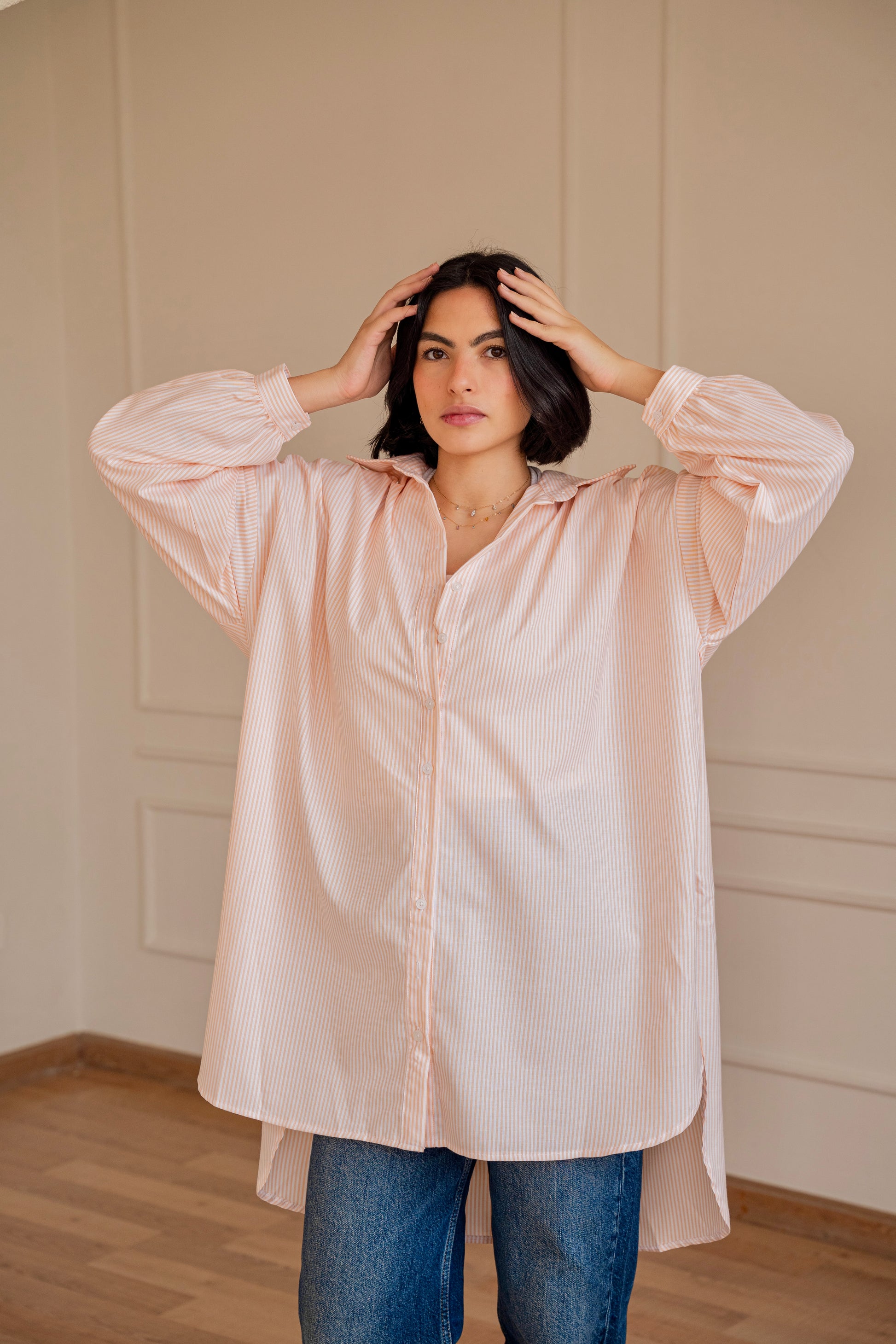 Puff high-low shirt striped Oxford in Orange