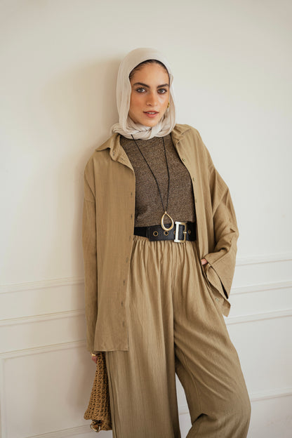 Crinkled - wide pants in Olive