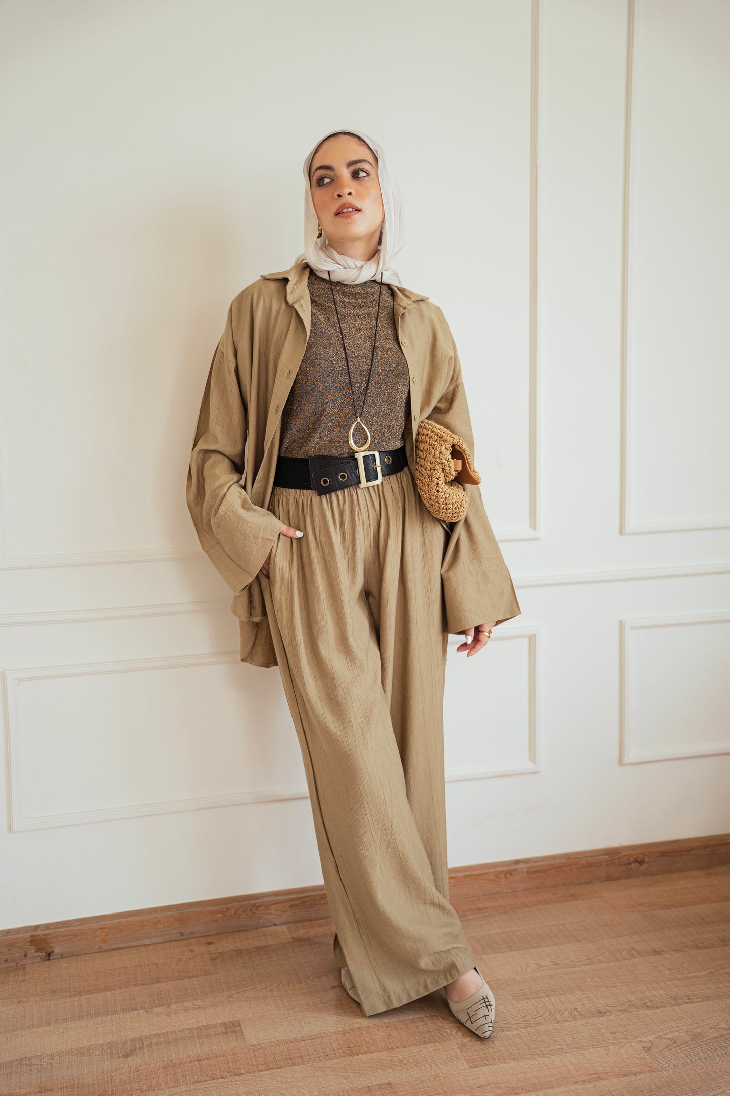 Crinkled - wide pants in Olive