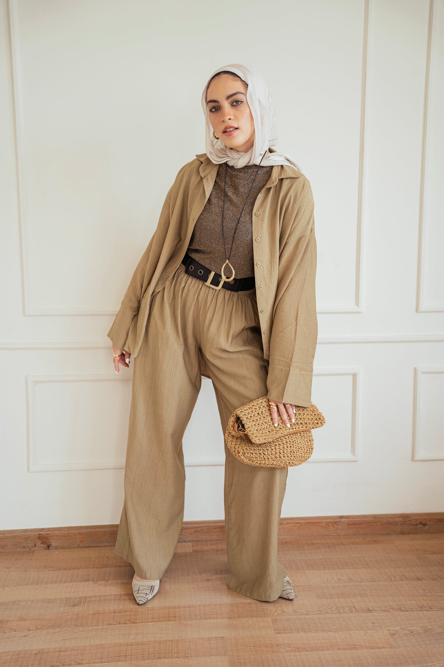 Crinkled - wide pants in Olive