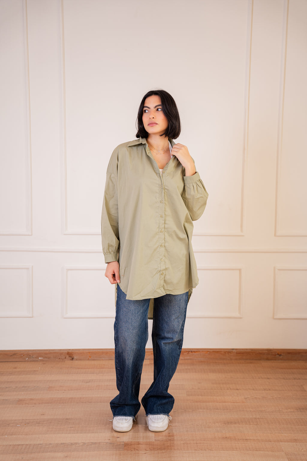 Puff high-low shirt Poplin in Olive