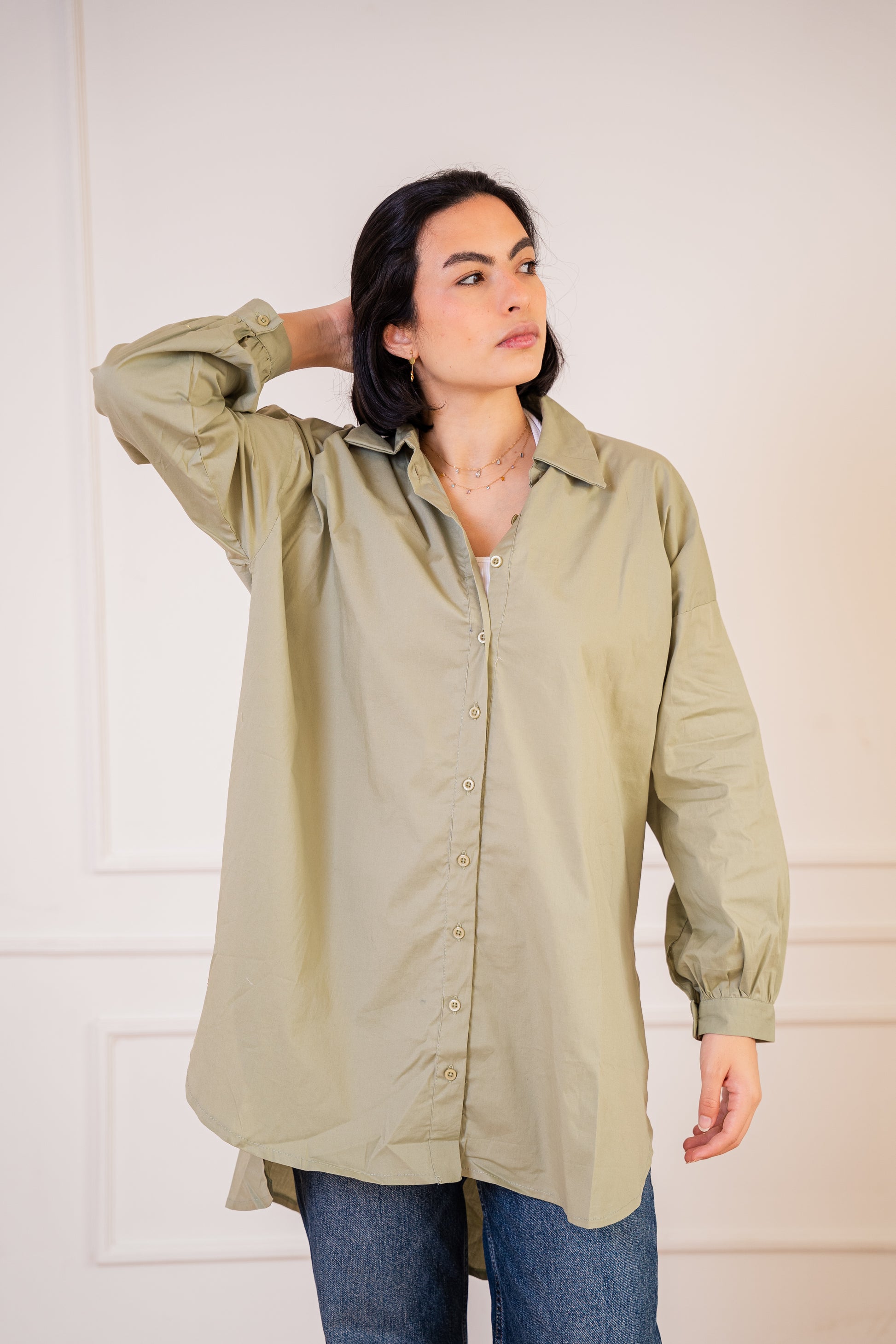 Puff high-low shirt Poplin in Olive
