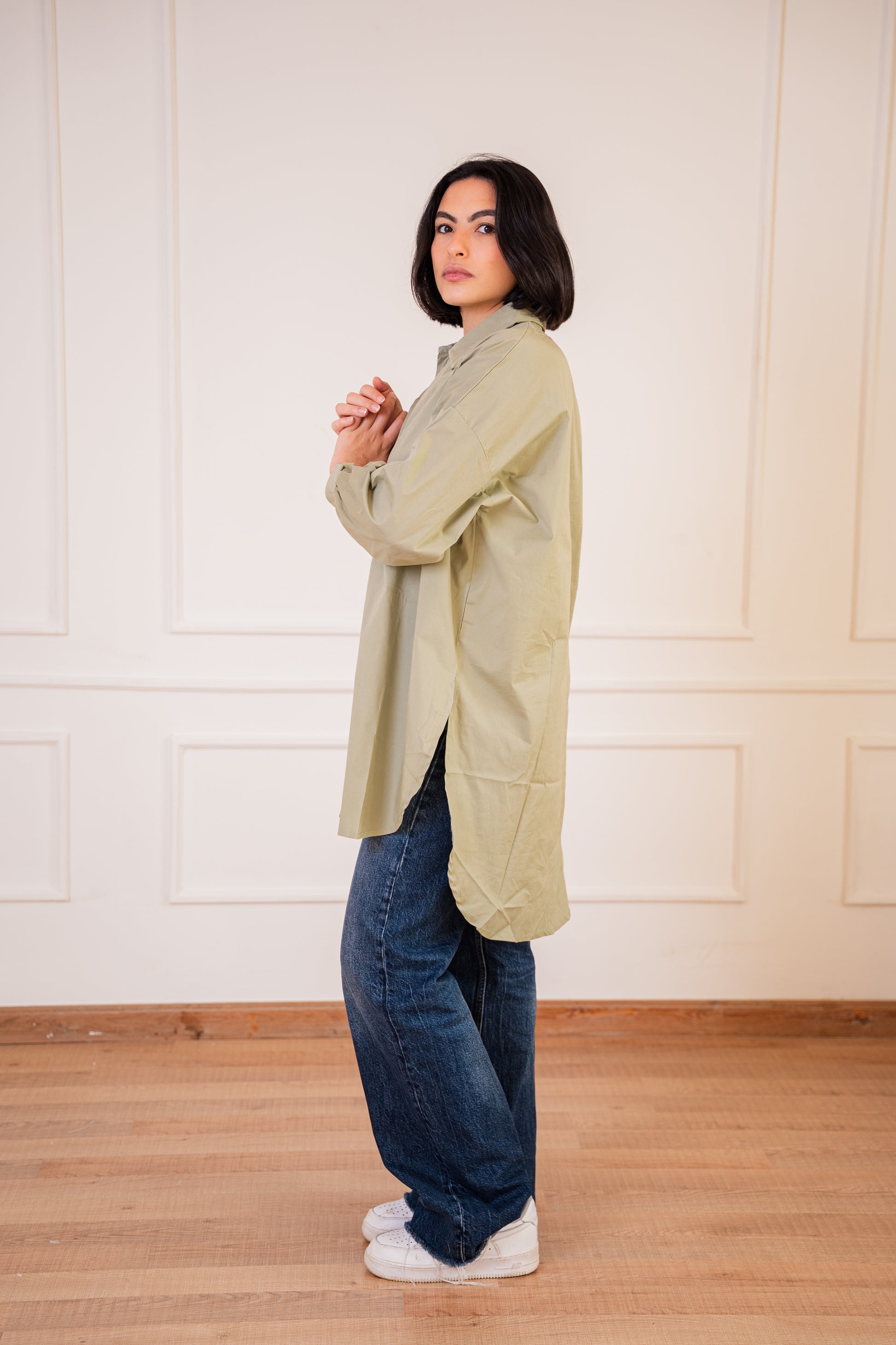 Puff high-low shirt Poplin in Olive