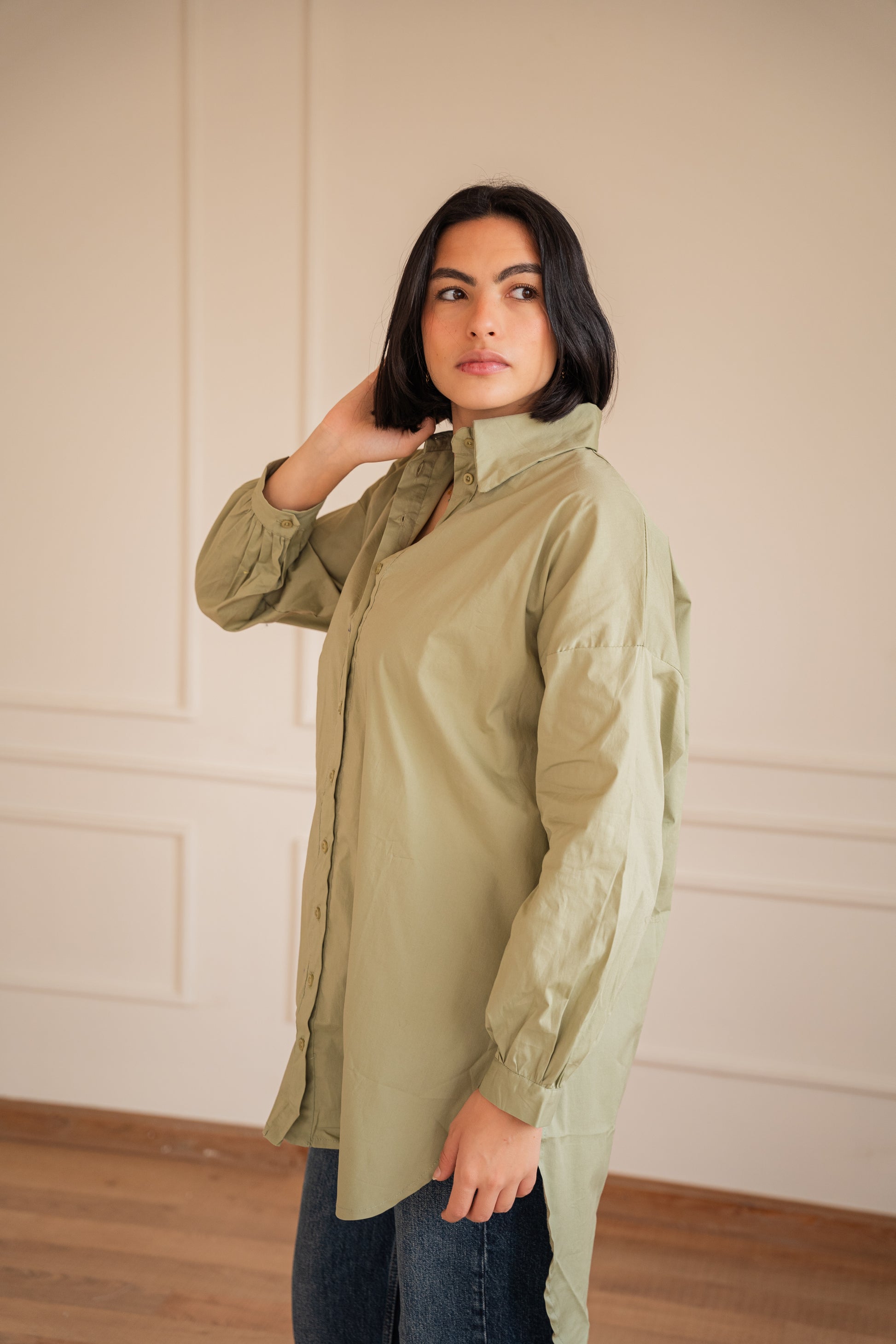 Puff high-low shirt Poplin in Olive