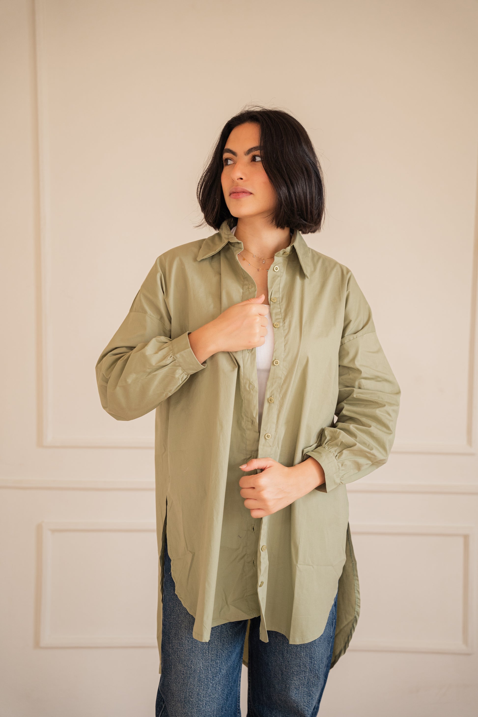 Puff high-low shirt Poplin in Olive