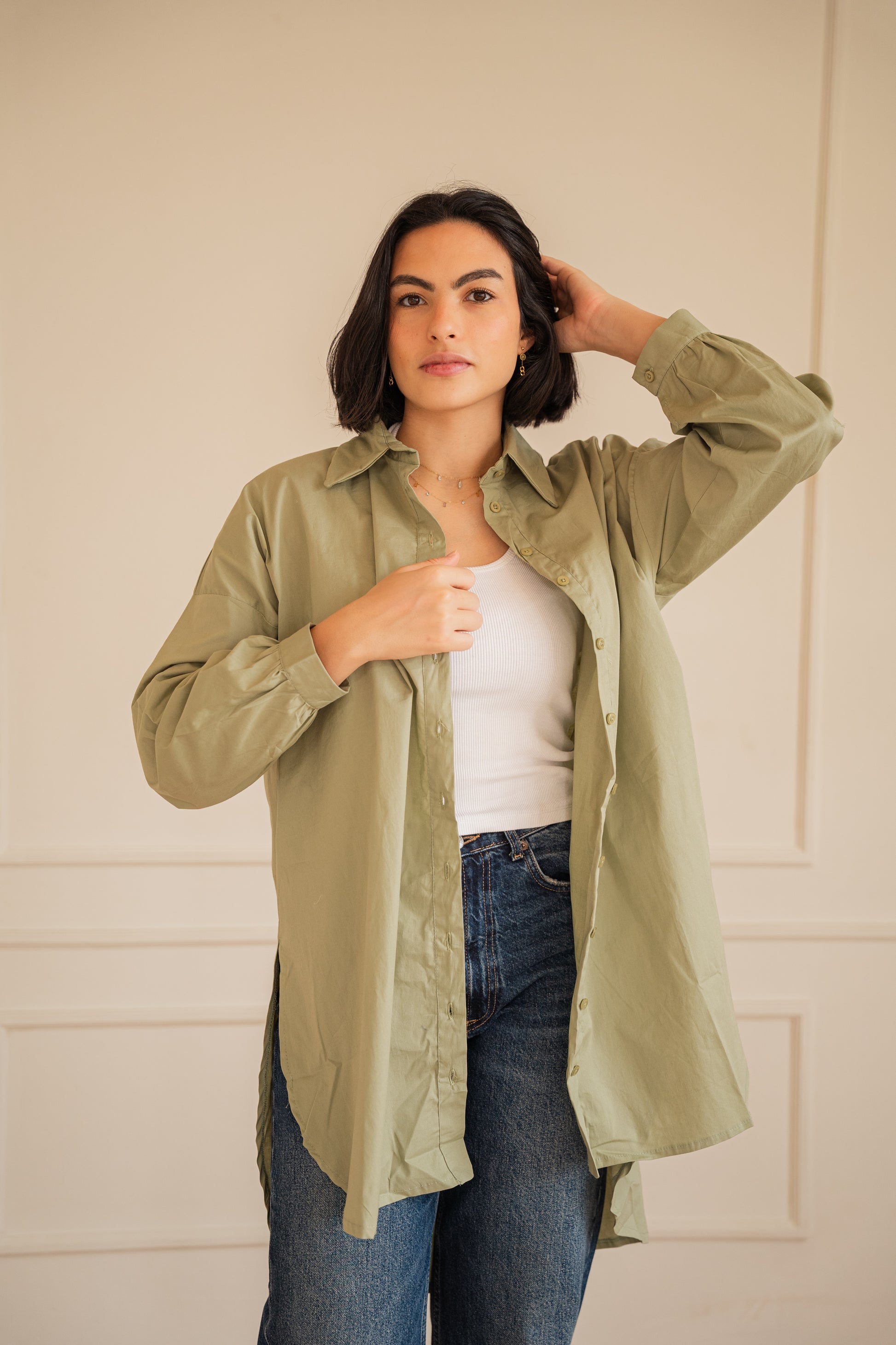 Puff high-low shirt Poplin in Olive