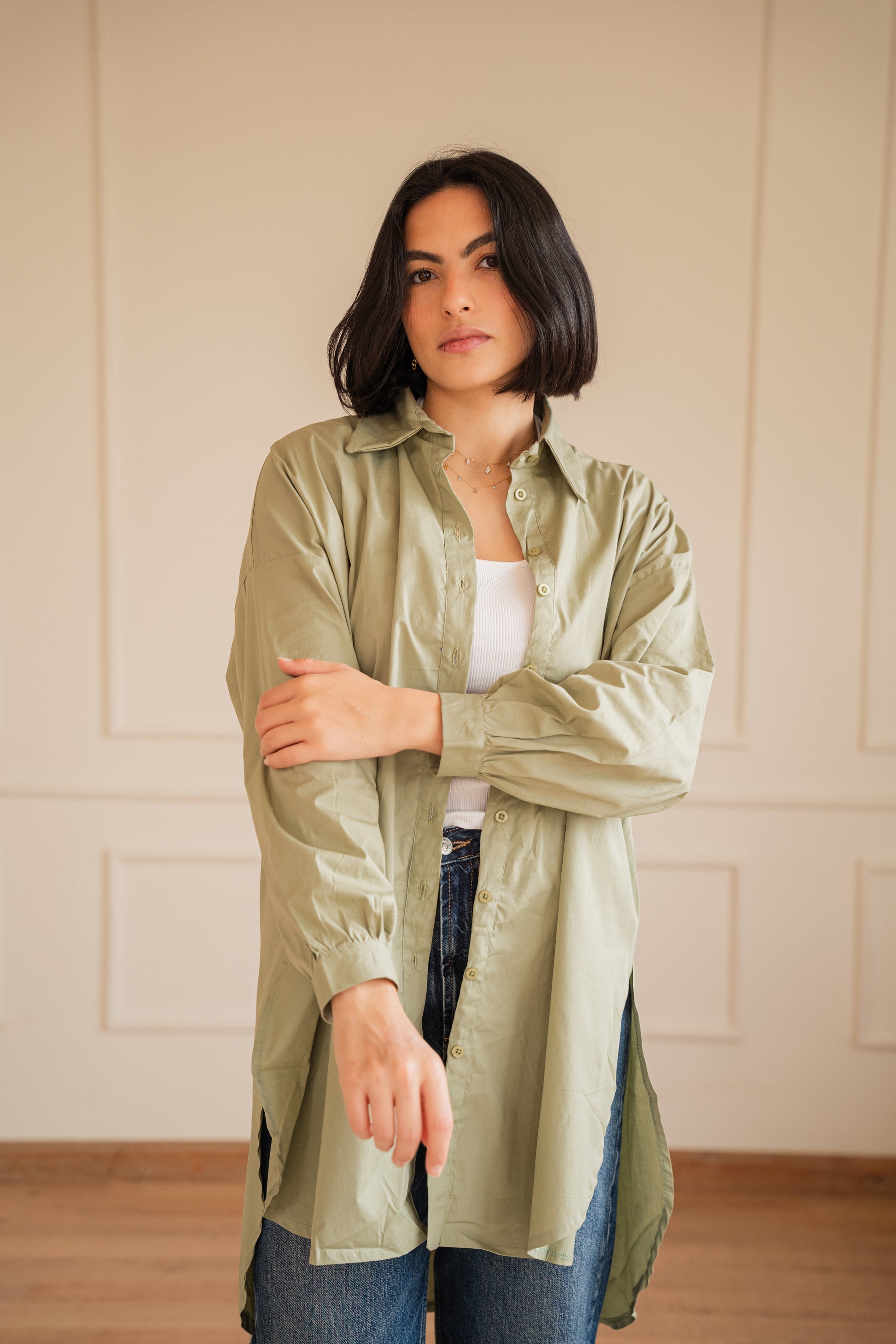 Puff high-low shirt Poplin in Olive