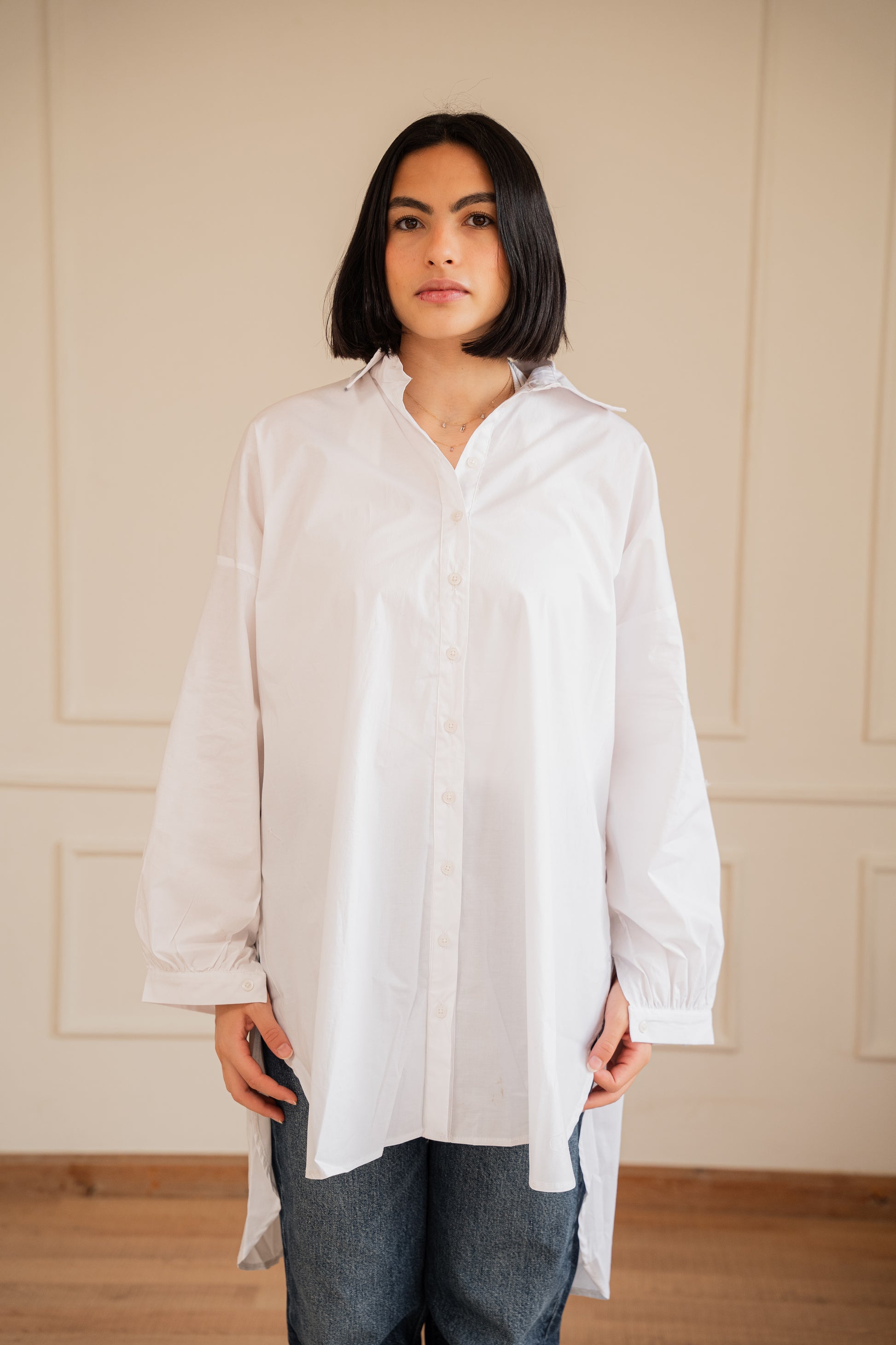 Puff high-low shirt Poplin in White