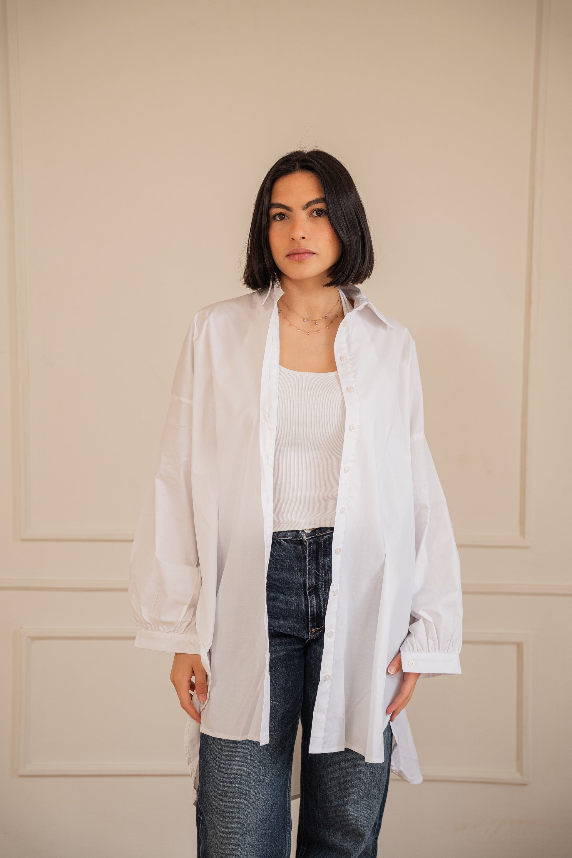 Puff high-low shirt Poplin in White